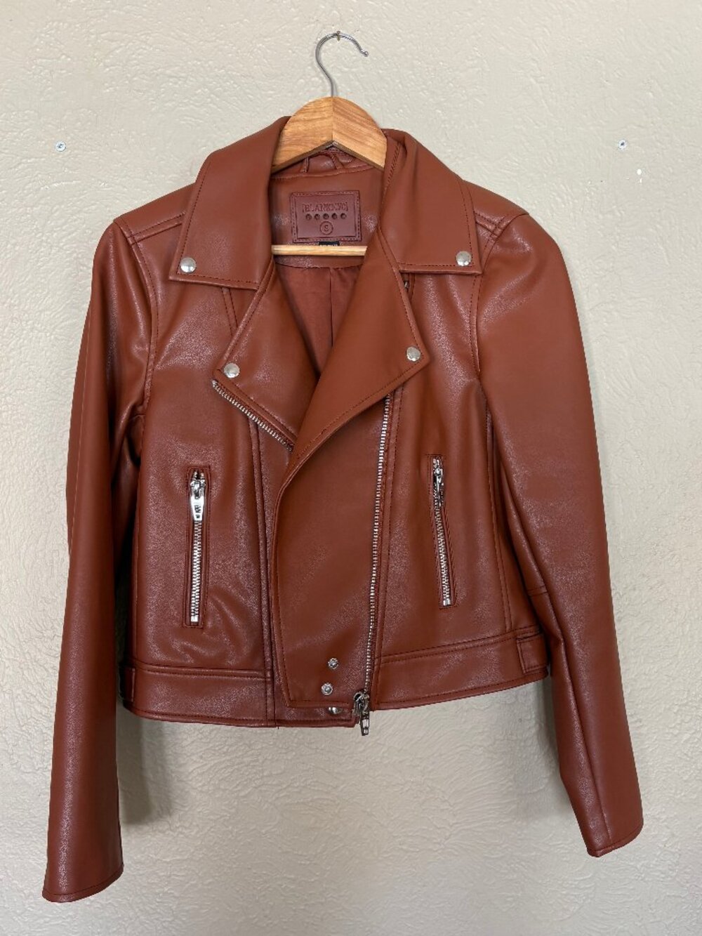 BLANKNYC Good Vibes Faux Leather Moto Jacket Chatter Box Cognac Brown Small